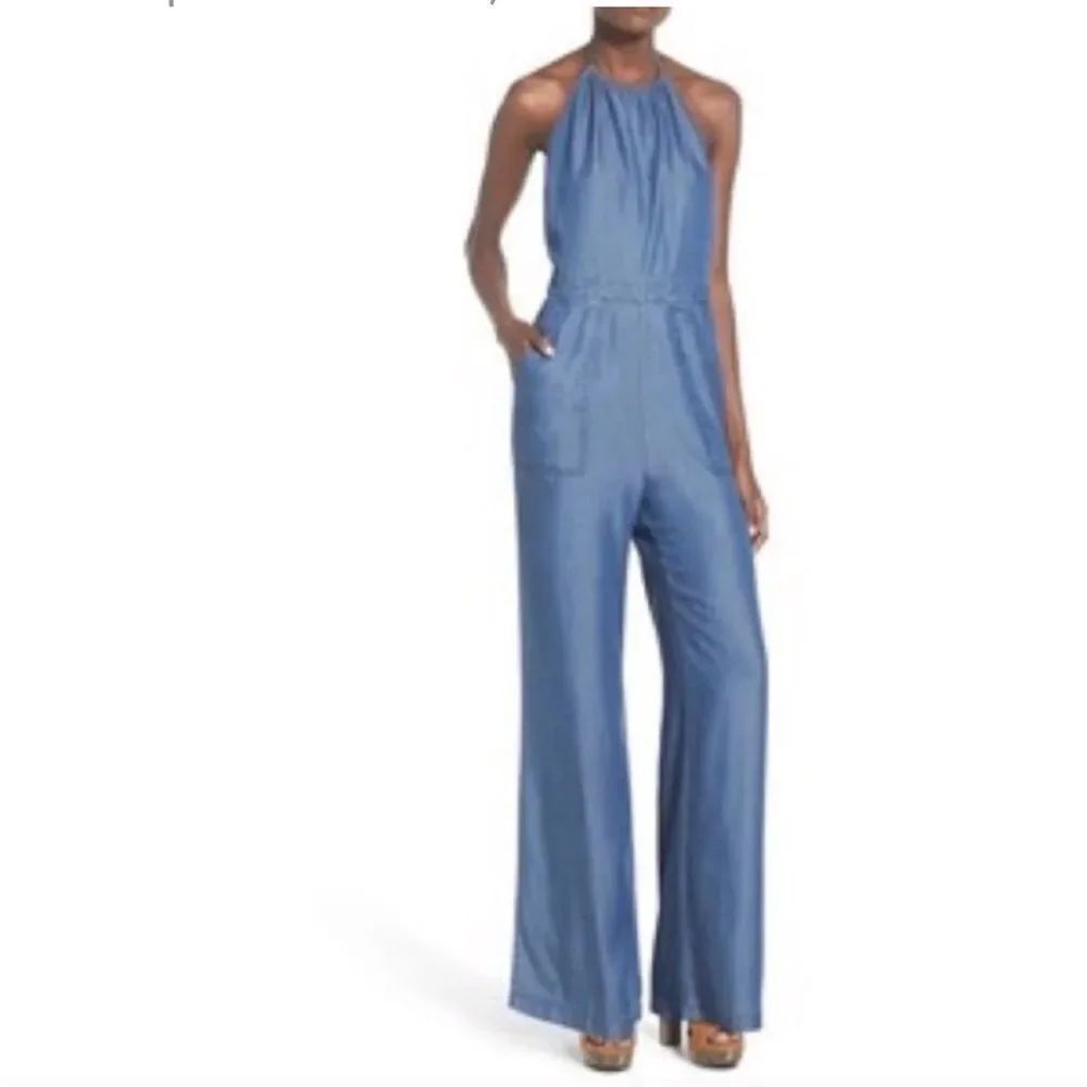ASTR The Label Blue Chambray Tie Sleeveless High Neck Open Back Jumpsuit Size L